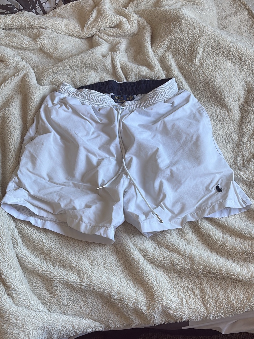 Polo by Ralph Lauren White Athletic Drawstring Shorts with Navy Waistband